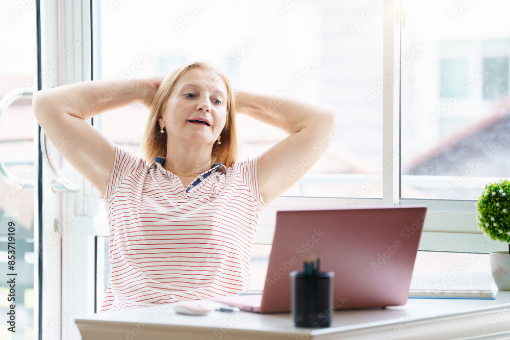Obraz premium Woman with computer. Working female at laptop