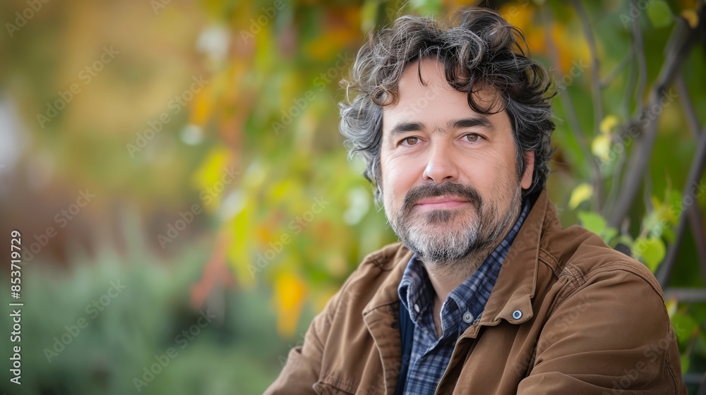 a man with a beard and a jacket on sitting in front of a tree a man with a beard and a jacket on sitting in front of a tree