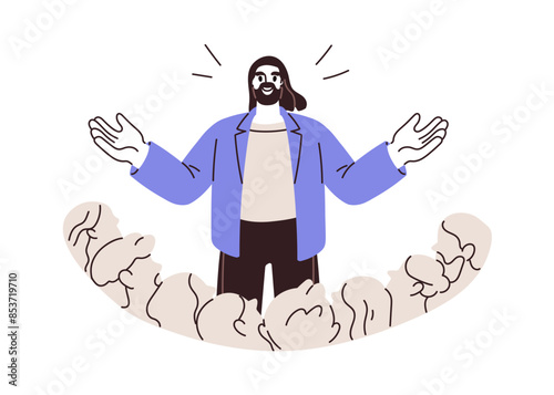 Public speaking skill, leadership, influence concept. Confident man inspiring audience. Happy speaker with motivation speech. Leader coaching. Flat vector illustration isolated on white background