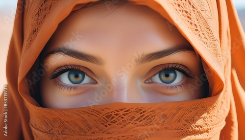 Arabic afghan arabian woman in a traditional orange veil burka niqab burqa close up portrait