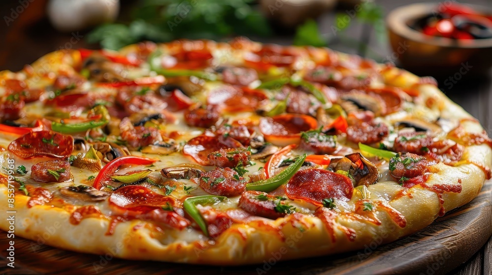 Close-up of a mouthwatering supreme pizza with vibrant toppings on a wooden surface Close-up of a mouthwatering supreme pizza with vibrant toppings on a wooden surface