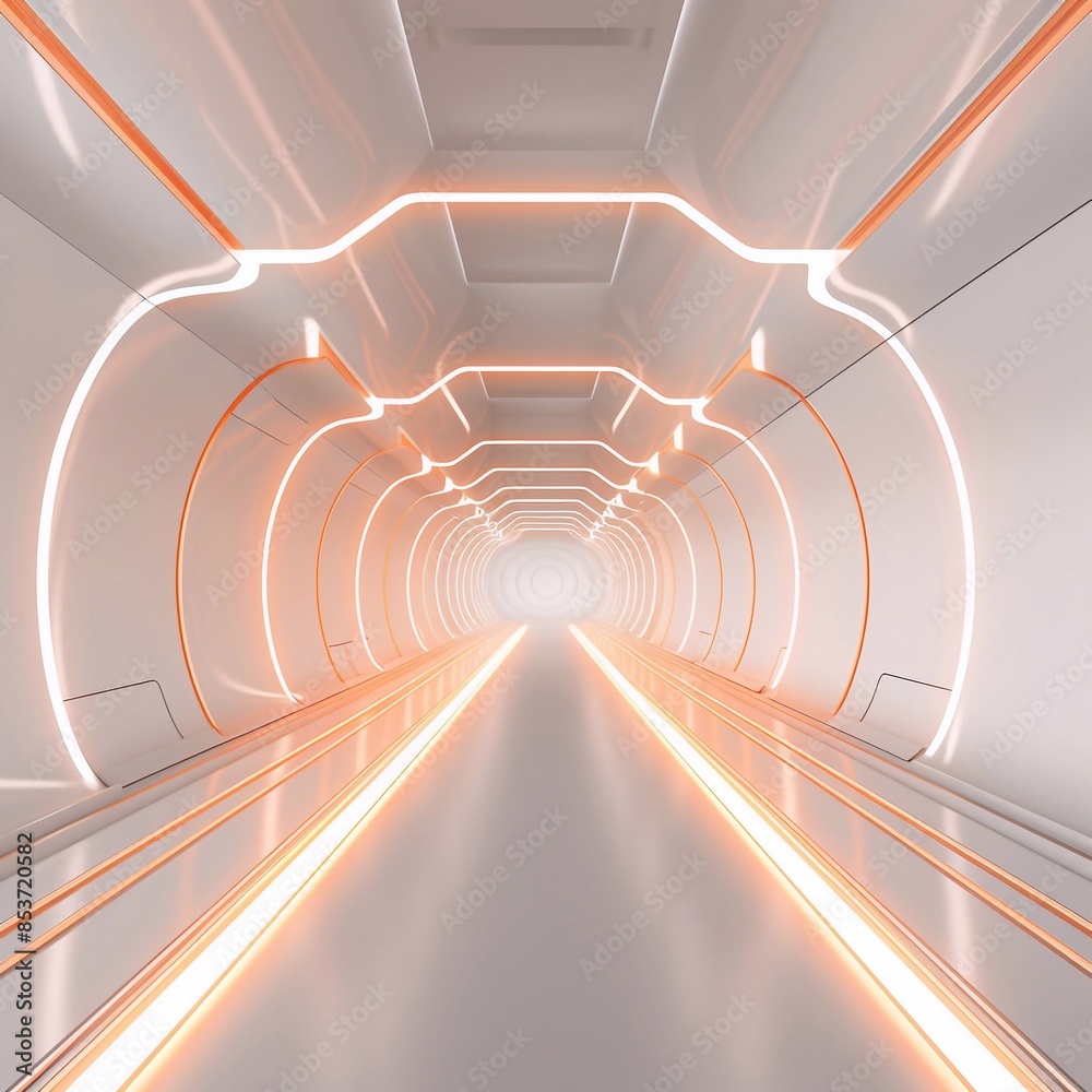 Obraz premium Perspective corridor, futuristic style, orange, white light, 3d, illustration, abstract architecture, interior, construction, business, futuristic design