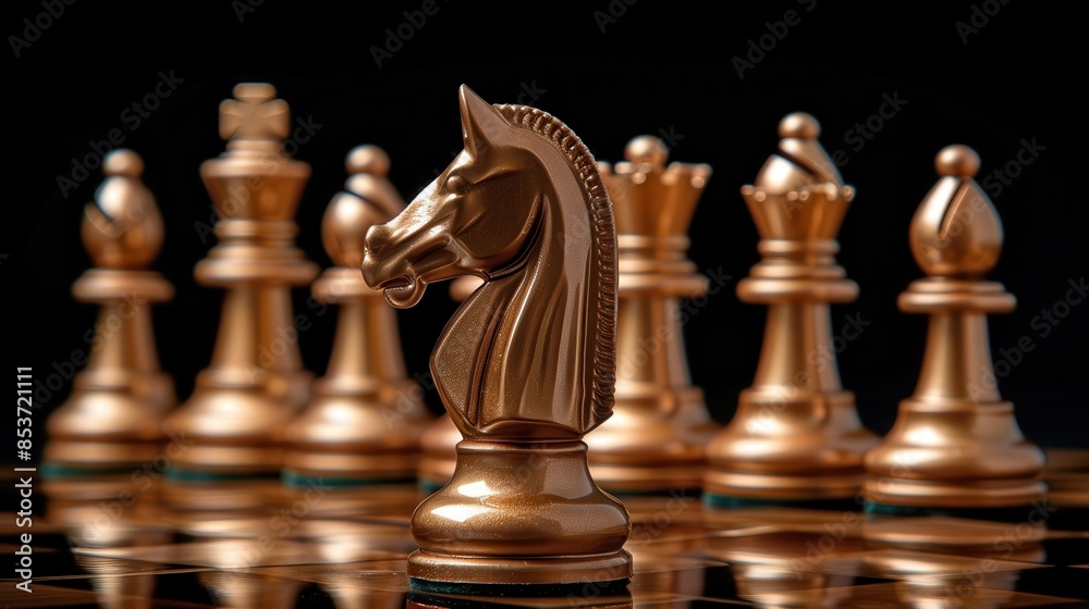 The bronze knight chess piece is the main focus, with others in the background The bronze knight chess piece is the main focus, with others in the background