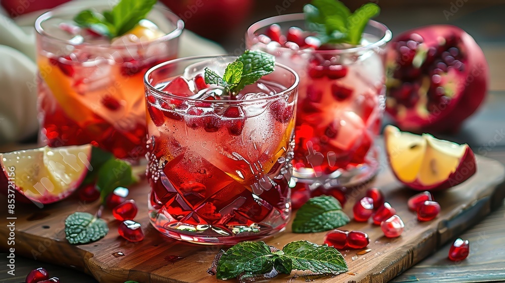 Three juicy pomegranate drinks with ice cubes and mint on a rustic wooden backdrop Three juicy pomegranate drinks with ice cubes and mint on a rustic wooden backdrop