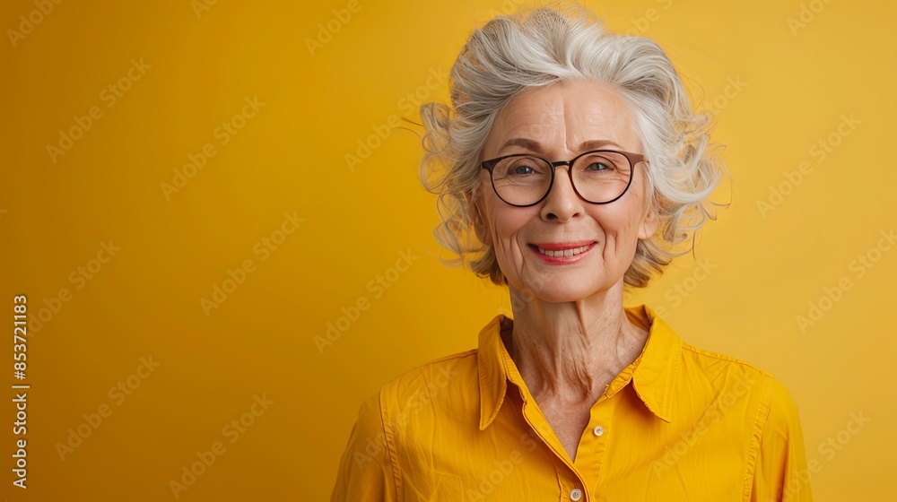 Photo of nice aged lady beaming smile empty space wear shirt isolated on yellow color background Photo of nice aged lady beaming smile empty space wear shirt isolated on yellow color background