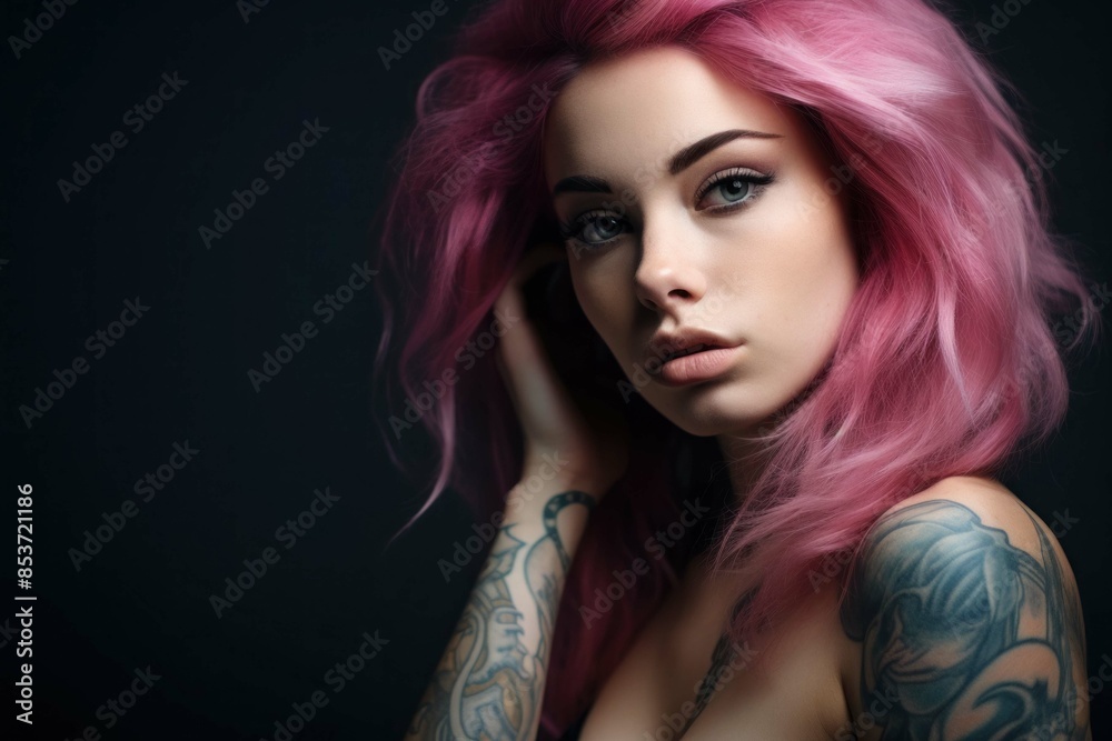 tattooed girl against the background of a tattoo salon portrait close-up tattooed girl against the background of a tattoo salon portrait close-up