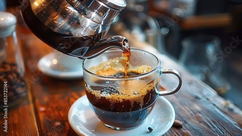 Aromatic espresso coffee being poured into a cup with a metal pot on a wooden counter photo