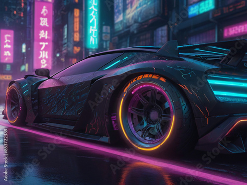 Closeup modern supercar, futuristic cyberpunk city cars, neon light streets at night