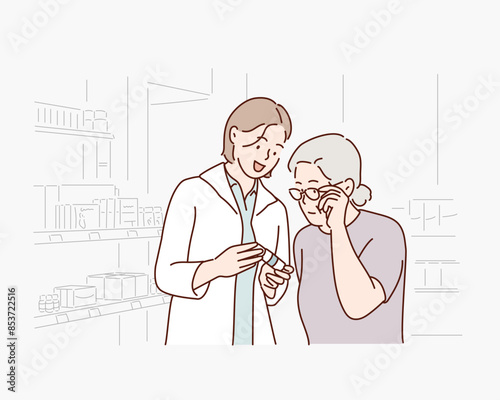 medicine, pharmaceutics, health care and people concept - happy pharmacist and senior woman customer with drug and prescription at drugstore. Hand drawn style vector design illustrations.