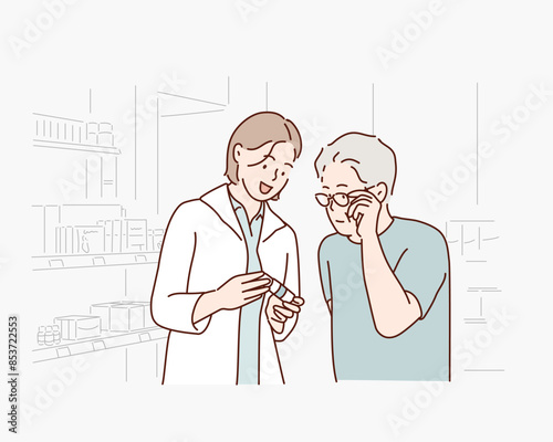 medicine, pharmaceutics, health care and people concept - happy pharmacist and senior man customer with drug and prescription at drugstore. Hand drawn style vector design illustrations.