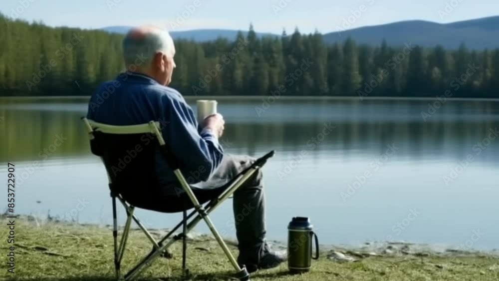 Grandpa enjoyed the afternoon drinking coffee by the lake Grandpa enjoyed the afternoon drinking coffee by the lake