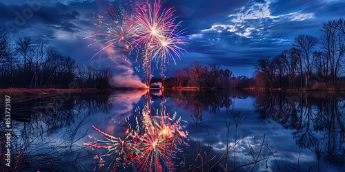 Fireworks reflecting off a serene lake, with vibrant colors creating a mirrored image on the watera??s surface photo