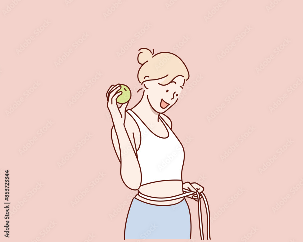 woman in sportswear measuring waist with tape. Hand drawn style vector design illustrations. woman in sportswear measuring waist with tape. Hand drawn style vector design illustrations.