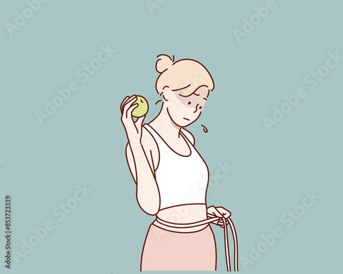 woman in sportswear measuring waist with tape. Hand drawn style vector design illustrations.