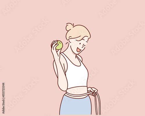 woman in sportswear measuring waist with tape. Hand drawn style vector design illustrations.