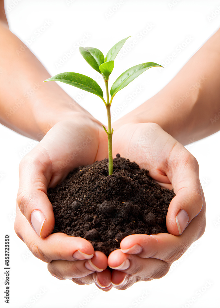 Female hands with green seedling and heap of soil on white background, clipping path Female hands with green seedling and heap of soil on white background, clipping path