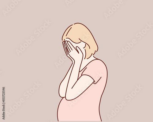 Sad and stressed pregnant woman. Hand drawn style vector design illustrations.
