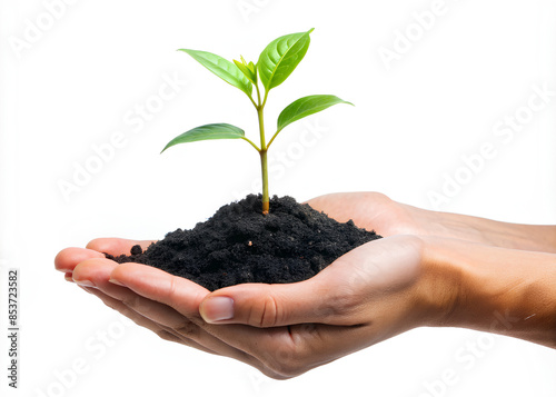 Hand holding a plant with black soil on white background, clipping path