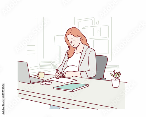 Pregnant woman working in office. Hand drawn style vector design illustrations.