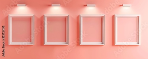 Four empty square frames in a horizontal line on a light coral wall, each frame under a spotlight, creating a vibrant and stylish display