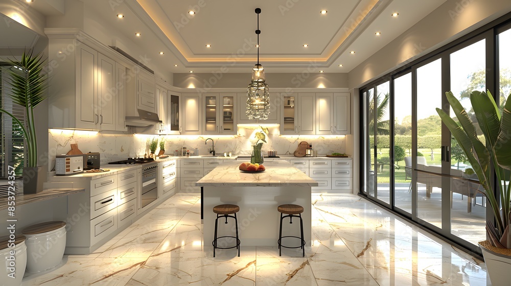 Elegant modern kitchen interior with white cabinets, marble floors, and ...