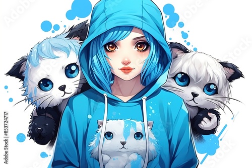 T shirt design anime girl with blue hair, panda and cat. Fashionista poster.