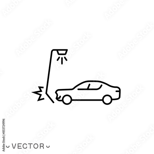 the car crashed into a pole, auto crash on road icon, thin line symbol isolated on white background, editable stroke eps 10 vector illustration