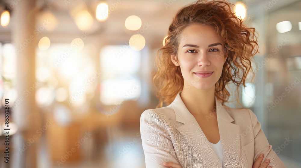 Smiling Young Woman in Casual Office. Smiling Young Woman in Casual Office.