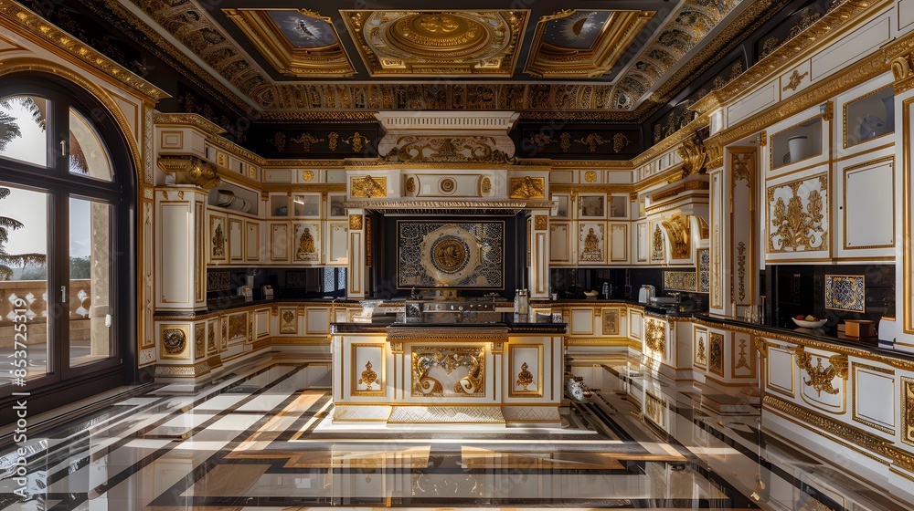 Opulent kitchen interior with sophisticated baroque style designs and luxurious finishes Opulent kitchen interior with sophisticated baroque style designs and luxurious finishes