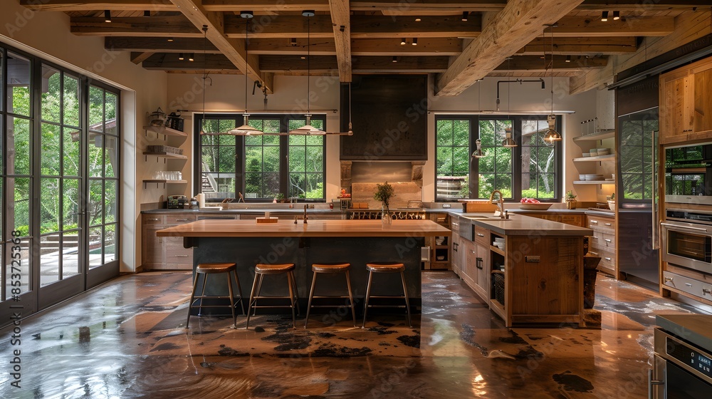 Spacious and modern kitchen with wooden design elements and a large island under pendant lights. Spacious and modern kitchen with wooden design elements and a large island under pendant lights.