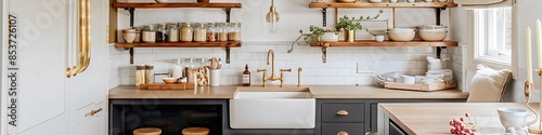 Cozy kitchen with a farmhouse sink, open shelving, and brass hardware, featuring a small breakfast nook with wooden stools