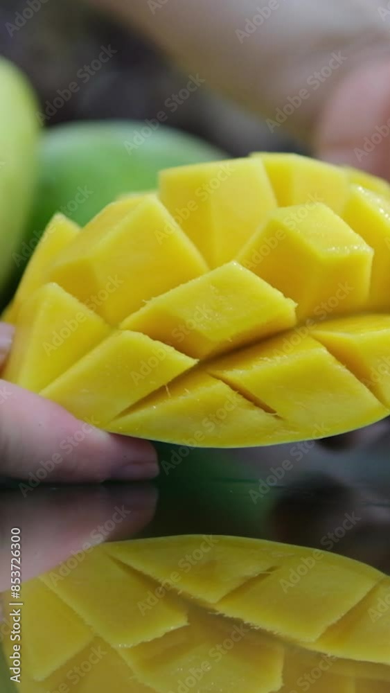 female hands Cutting fresh mango fruit and showing juicy diced pulp, Vertical video female hands Cutting fresh mango fruit and showing juicy diced pulp, Vertical video
