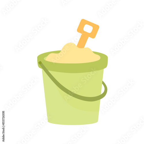 Green baby bucket with yellow spatula. Kids toys in beach vacation. Sandbox playing tools. Summer icon vector illustration isolated on white background.