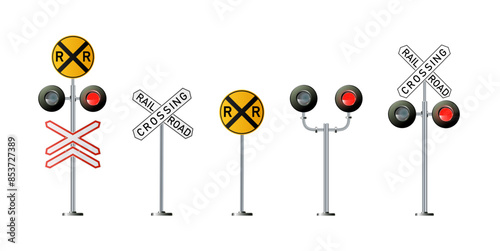 Road signs and railroad crossing barriers are used in the United States.traffic light, Railway barriers close isolated on white background, design concept for start up, business solutions,