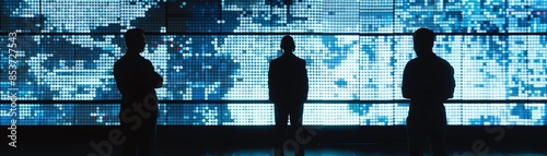 Persons silhouette against a large monitor showing lines of complex code, moody low light, reflections on screen, hightech mystery