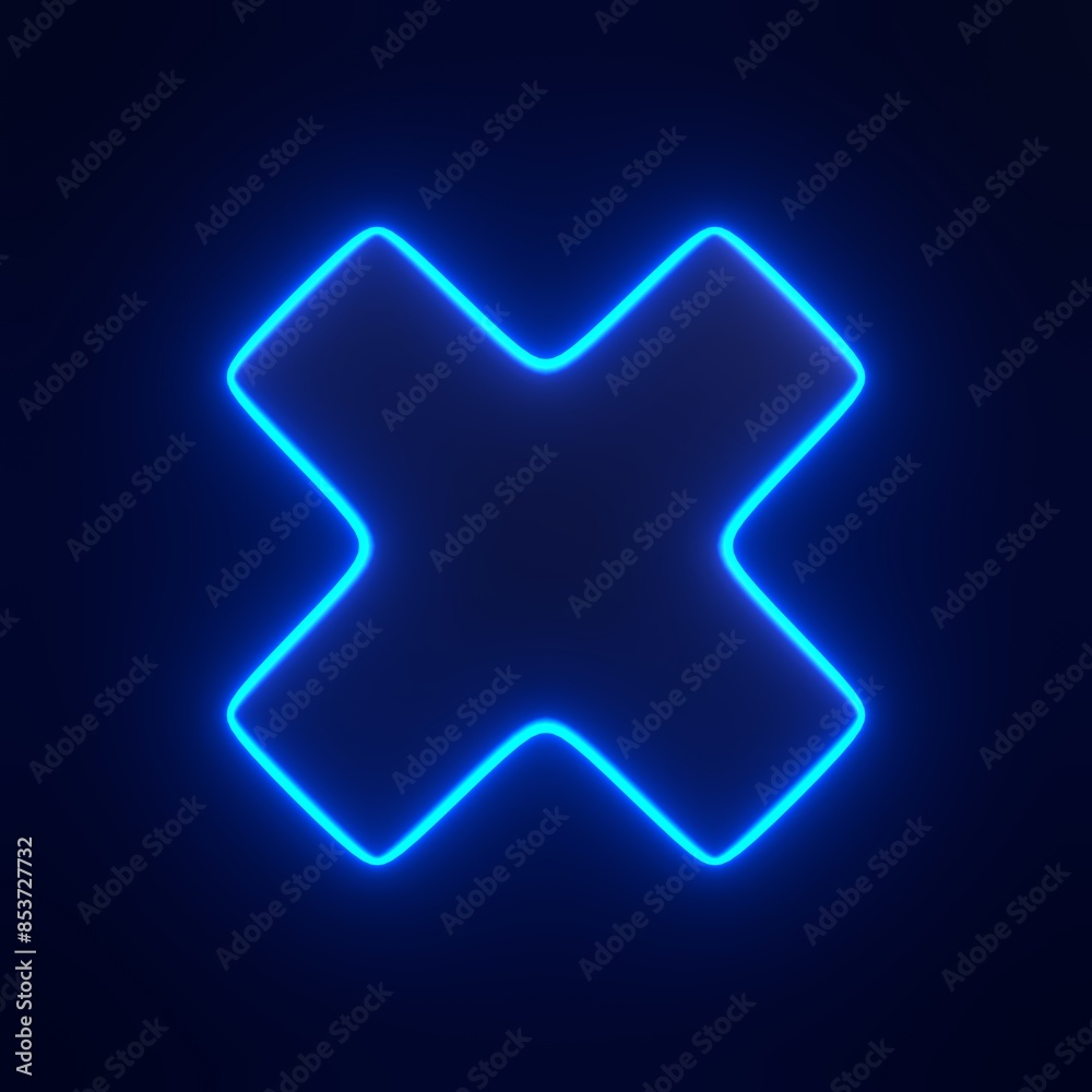 Obraz premium Cross symbol with bright glowing futuristic blue neon lights on black background. 3D icon, sign and symbol. Cartoon minimal style. 3D render illustration