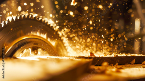 Circular saw slicing through wood, with sparks and sawdust flying, symbolizing industrial craftsmanship and precision. Perfect for themes of hard work, carpentry, manufacturing and construction photo