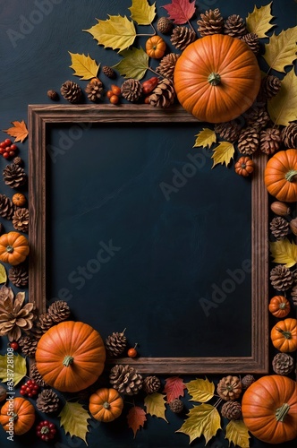 Assorted pumpkins, pine cones, acorns, and vibrant autumn leaves arranged decoratively make a border on a dark blue copy-space background, evoking a festive fall atmosphere. Thanksgiving day concept photo