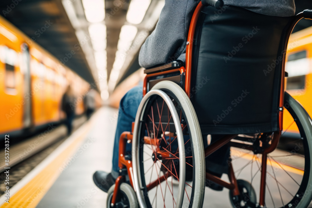 a person with disabilities in a wheelchair at the station, accessibility of transport for disabled people, close-up a person with disabilities in a wheelchair at the station, accessibility of transport for disabled people, close-up