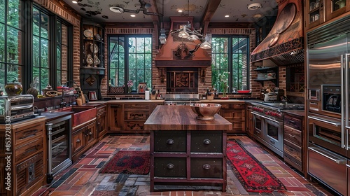 Sophisticated rustic kitchen interior with wooden cabinetry and brick flooring exudes a cozy, luxurious charm  © Athena