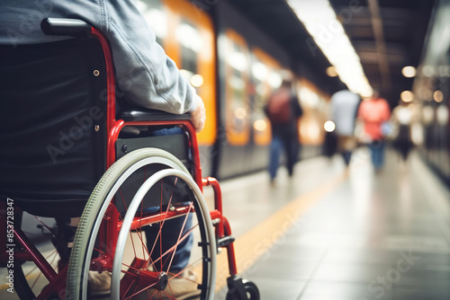 a person with disabilities in a wheelchair at the station, accessibility of transport for disabled people, close-up