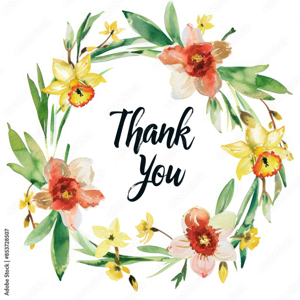 Thank you card in a spring wreath with tulips, daffodils and fresh green leaves on a white background Thank you card in a spring wreath with tulips, daffodils and fresh green leaves on a white background