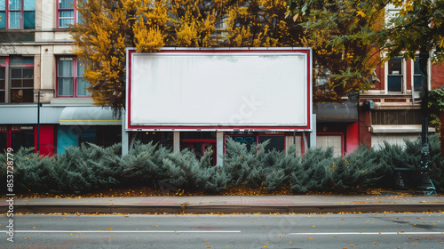 Blank white mock up large billboard sign fall autumn trees advertising board template street marketing  home town building  signage urban city rustic peaceful vibrant design promotional downtown media photo