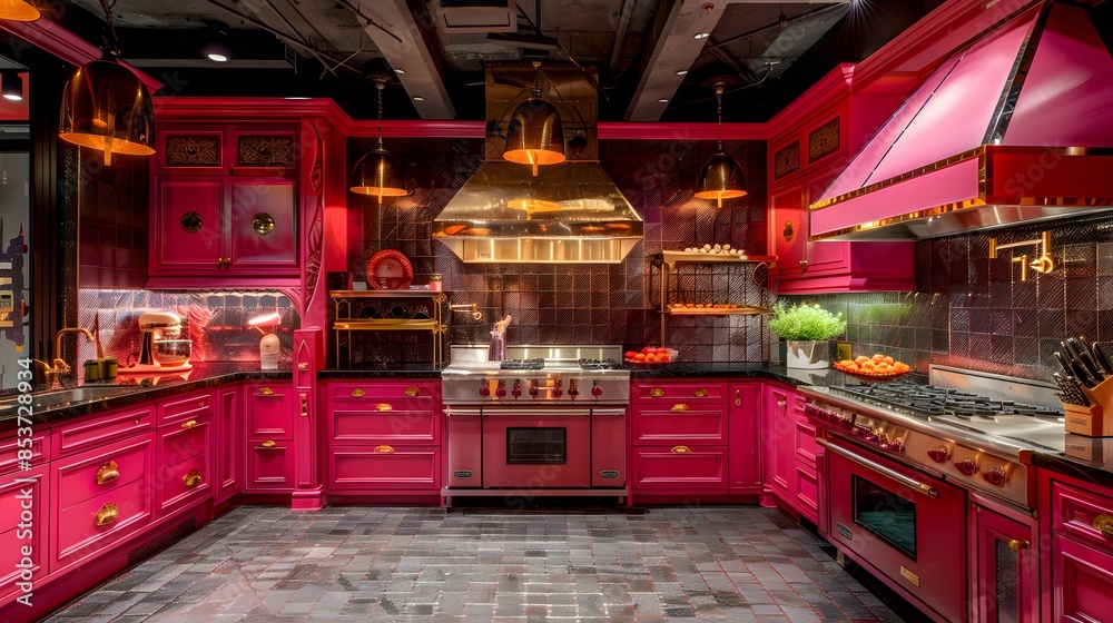 A modern kitchen with vibrant pink cabinets, stainless steel appliances, and chic pendant lights highlights a stylish interior design. A modern kitchen with vibrant pink cabinets, stainless steel appliances, and chic pendant lights highlights a stylish interior design.