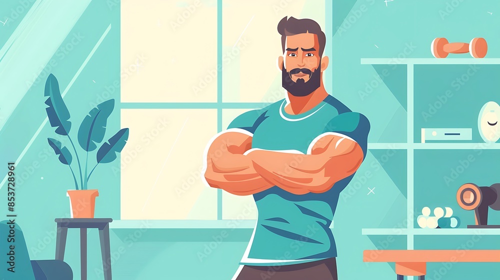 Strong Man Standing in Modern Living Room with Fitness Equipment Strong Man Standing in Modern Living Room with Fitness Equipment