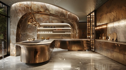 Luxurious modern kitchen with marble finishes and sleek metallic accents suitable for interior design themes.