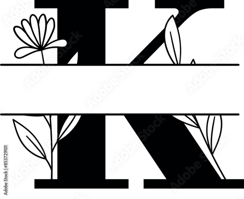 Split monogram letter K vector. Alphabet floral initial logo K
