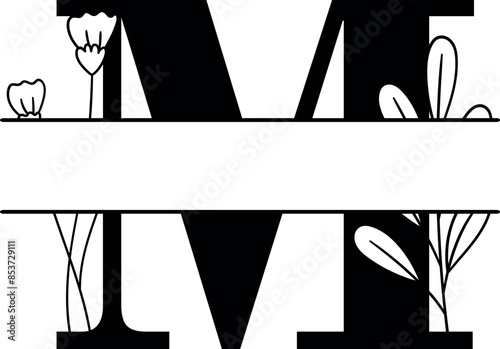 Split monogram letter M vector. Alphabet floral initial logo M
