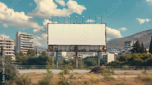 Blank white mock up large billboard sign trees road advertising board template street marketing scenic building signage urban city rustic peaceful empty design promotional residential commercial media photo