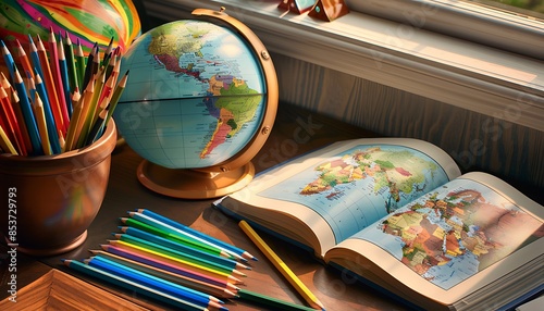 A childa??s desk with a globe, colored pencils, and an open book photo